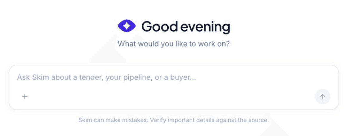 Skim AI agent answering a competitive-intelligence query about UK public sector contracts